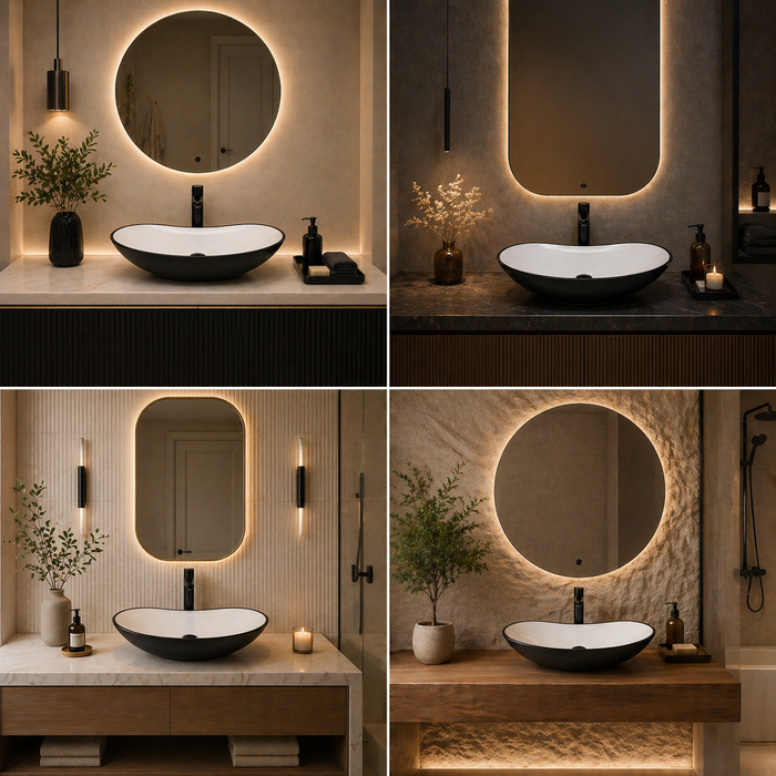 Bassino 25" Dual-Tone Oval Ceramic Countertop Wash Basin – Black Exterior & White Interior Vessel Sink (625 x 370 x 140 mm)