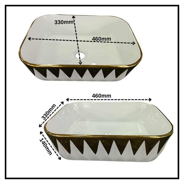 Bassino White & Gold Geometric Countertop Wash Basin – Designer Rectangular Vessel Sink (18" x 13" x 6")