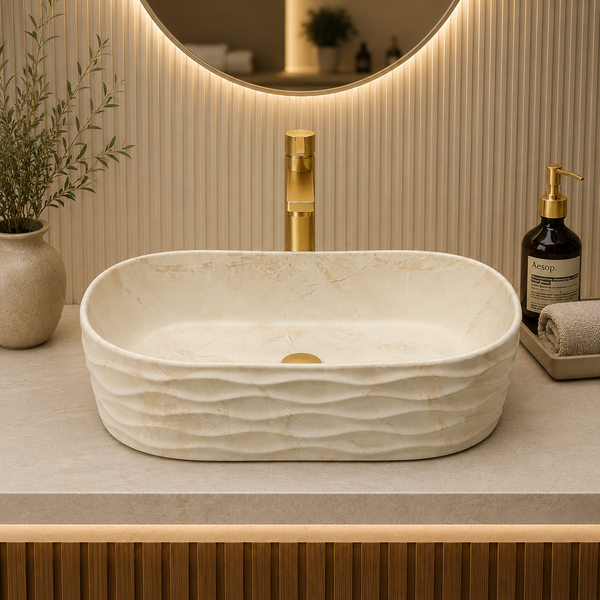 Bassino 20" Marble Finish Oval Ceramic Countertop Wash Basin – Designer Vessel Sink (20" x 12" x 6")