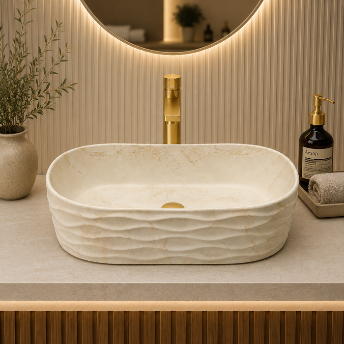 Bassino 20" Marble Finish Oval Ceramic Countertop Wash Basin – Designer Vessel Sink (20" x 12" x 6")