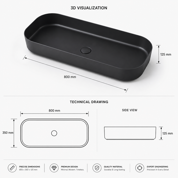 Bassino Modern Melamine Wash Basin | Stylish Countertop Wash Basin for Bathroom–800x350x125 mm Black