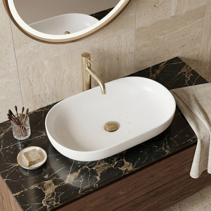 Bassino Matte White Oval Countertop Wash Basin – Modern Ceramic Vessel Sink (28" x 14" x 5")