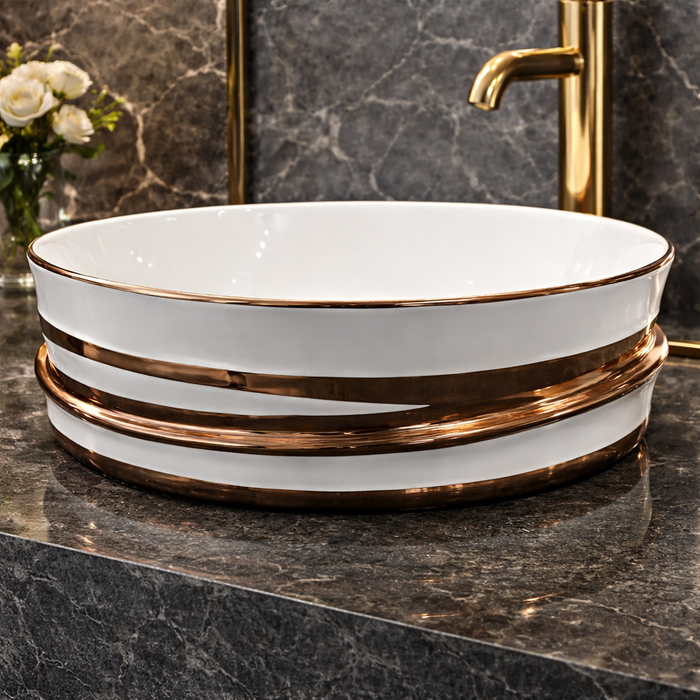 Bassino Luxury Round Ceramic Countertop Wash Basin with Premium Gold Accents