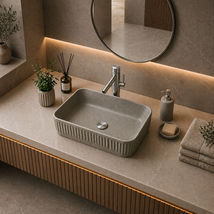 Bassino Grey Stone Textured Rectangular Countertop Wash Basin – Modern Ceramic Vessel Sink (20" x 14" x 5")
