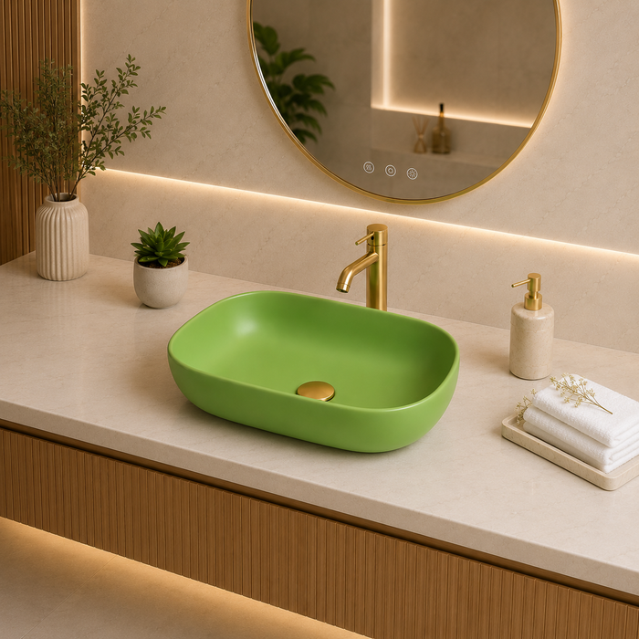 Bassino Matte Green Countertop Wash Basin – Modern Oval Ceramic Vessel Sink (17.9" x 12.8" x 5.5")