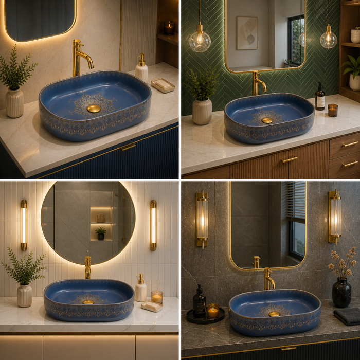 Designer Ceramic Wash Basin Gold Moroccan design | 21 x 14 x 6 In | Blue