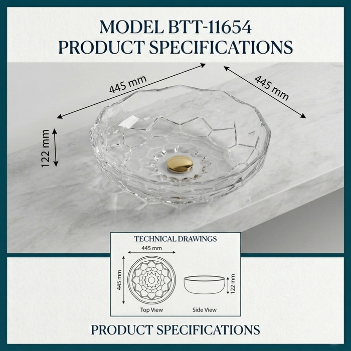 Bassino Modern Transparent Glass Wash Basin | Stylish Countertop Wash Basin for Bathroom–445x445x122 mm Clear