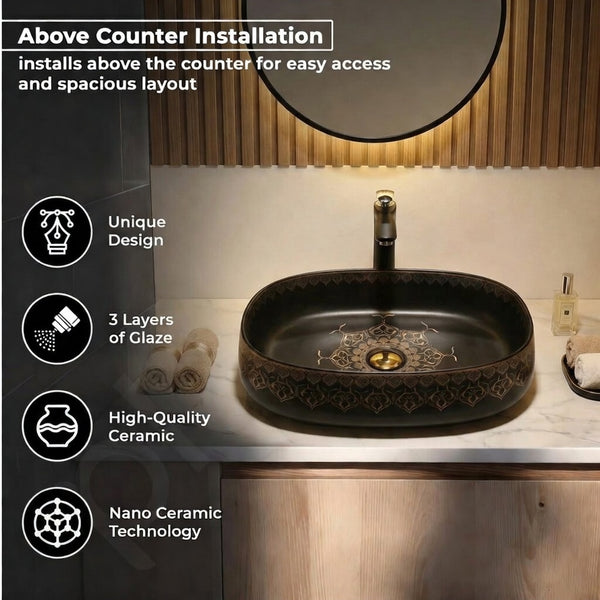 Designer Ceramic Wash Basin Moroccan design | 21 x 14 x 6 In | Black