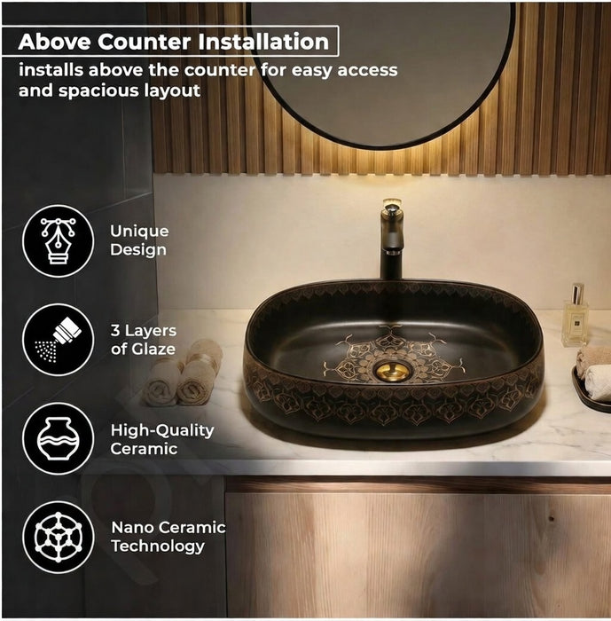 Designer Ceramic Wash Basin Moroccan design | 21 x 14 x 6 In | Black