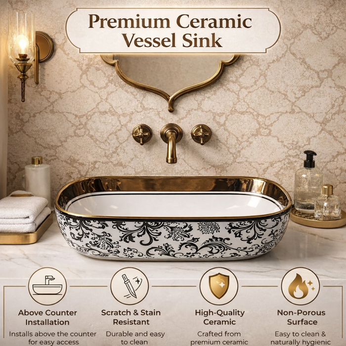 BASSINO Vintage Floral Ceramic Vessel Sink with Gold Rim (18 x 13 x 6 Inches)