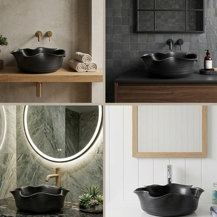 Designer Black Matte Flower Shape Ceramic Countertop Wash Basin | Modern Art Table Top Sink, 16 x 14 x 5 Inch