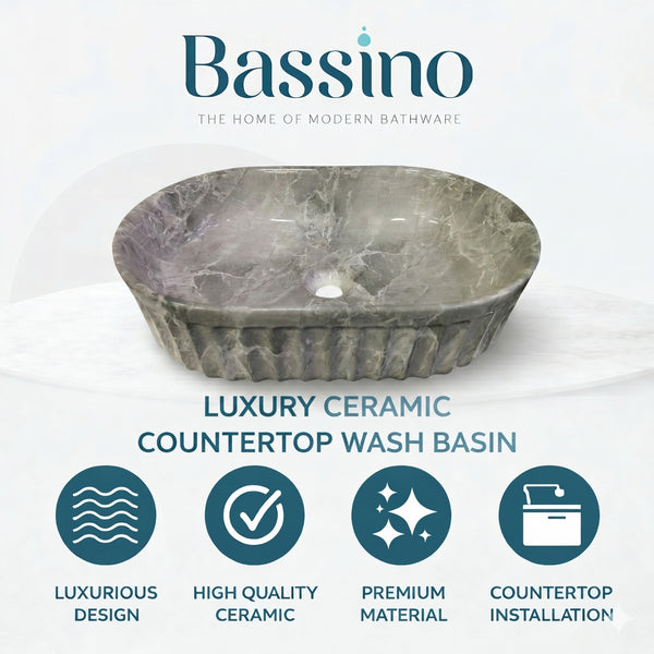 Bassino Grey Marble Textured Countertop Wash Basin – Luxury Oval Vessel Sink (22" x 14" x 6")