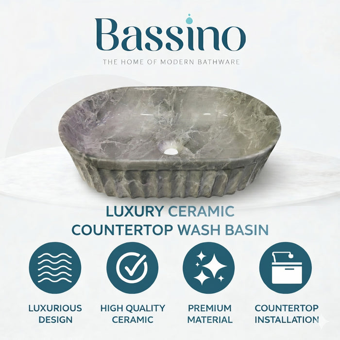 Bassino Grey Marble Textured Countertop Wash Basin – Luxury Oval Vessel Sink (22" x 14" x 6")