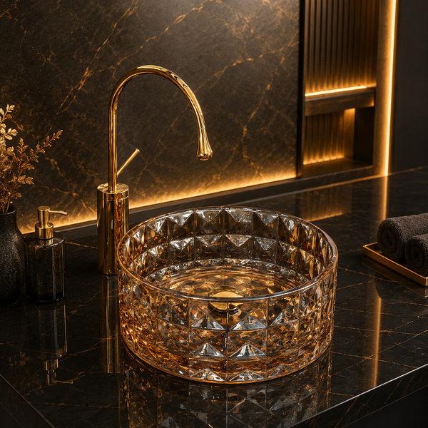 Bassino 12" Amber Faceted Glass Countertop Wash Basin – Luxury Round Vessel Sink (12" x 12" x 5")