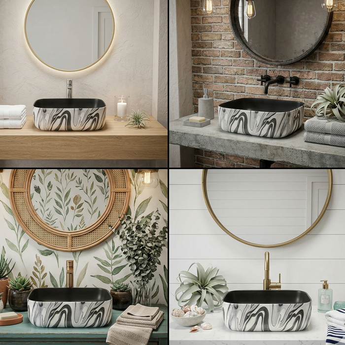 Bassino Square Black Marble Finish Ceramic Countertop Wash Basin | Modern Designer Vanity Sink, 16 x 12 x 6 Inch