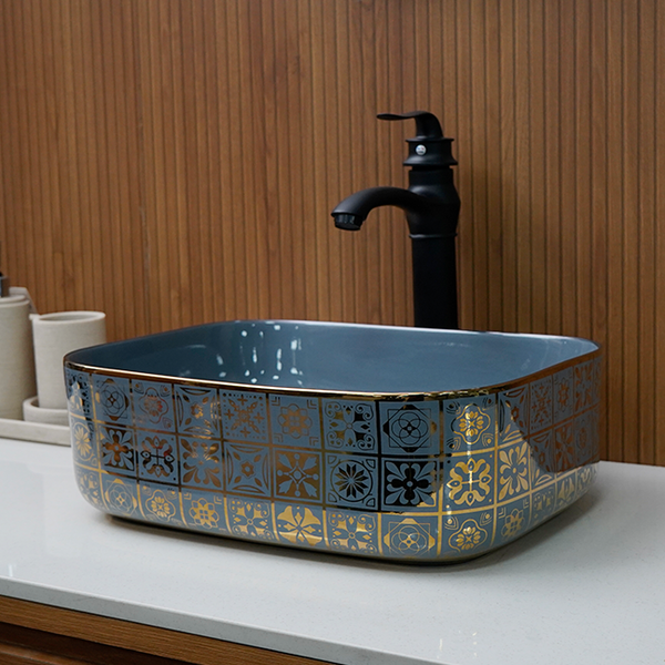 Designer Table Top Basin (16 x 12 x 6 In) BTT-11371-IN,Grey-Gold