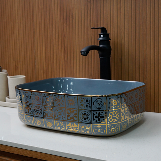 Designer Table Top Basin (16 x 12 x 6 In) BTT-11371-IN,Grey-Gold