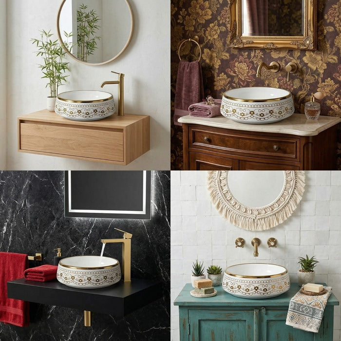 Luxury Round Ceramic Basin | Gloss Counter Top Wash Basin | 16x16x6 inch | White With Gold Detailing