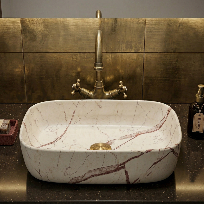 Bassino Premium Rectangular Marble Finish Countertop Wash Basin (18" x 13" x 6") – Luxury Ceramic Vanity Sink