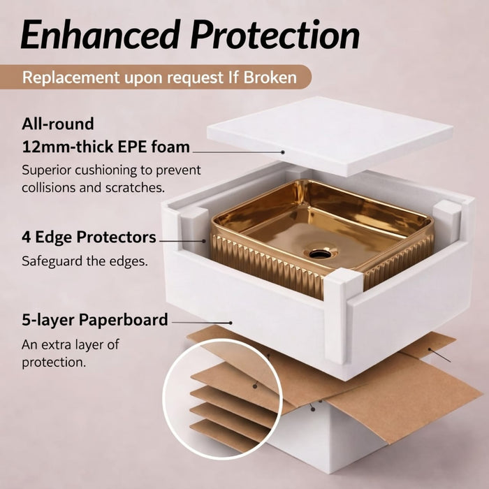 Luxury Rose Gold Countertop Wash Basin | Designer Rectangular Table Top Basin | (19" × 13" × 4" In)