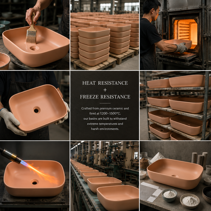 Bassino Matte Peach Countertop Wash Basin – Modern Ceramic Vessel Sink (17.9" x 12.8" x 5.5")