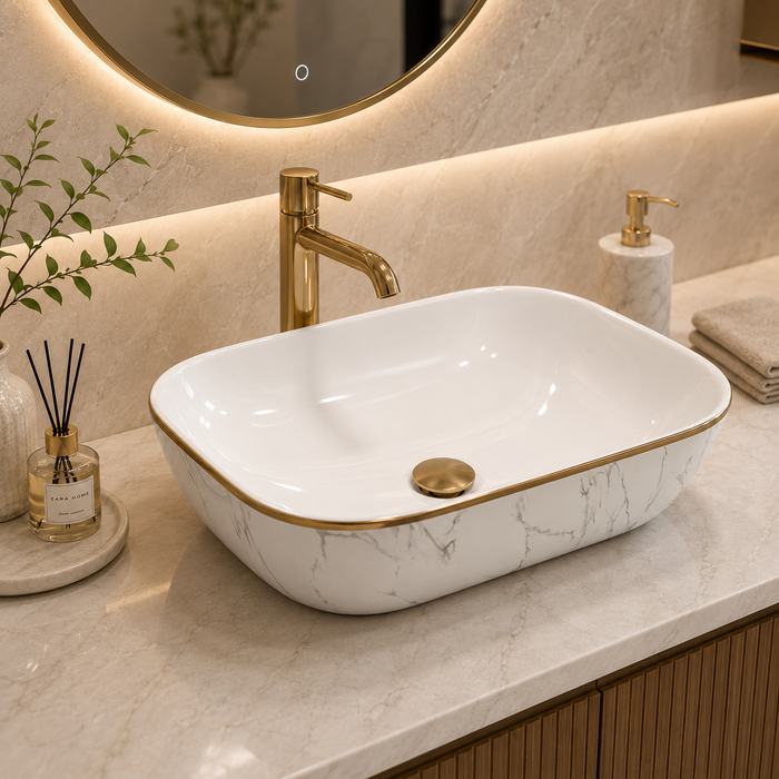 Bassino Marble Finish Table Top Wash Basin | Premium Countertop Ceramic Bathroom Sink | White Basin with Gold Rim 18 x 13 x 5 Inch