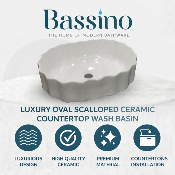 Bassino White Fluted Oval Countertop Wash Basin – Modern Ceramic Vessel Sink (19" x 13" x 6")