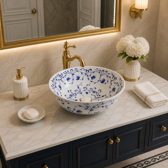 Bassino Floral Art Round Countertop Wash Basin – Designer Ceramic Vessel Sink (15.7" x 15.7" x 6.3")