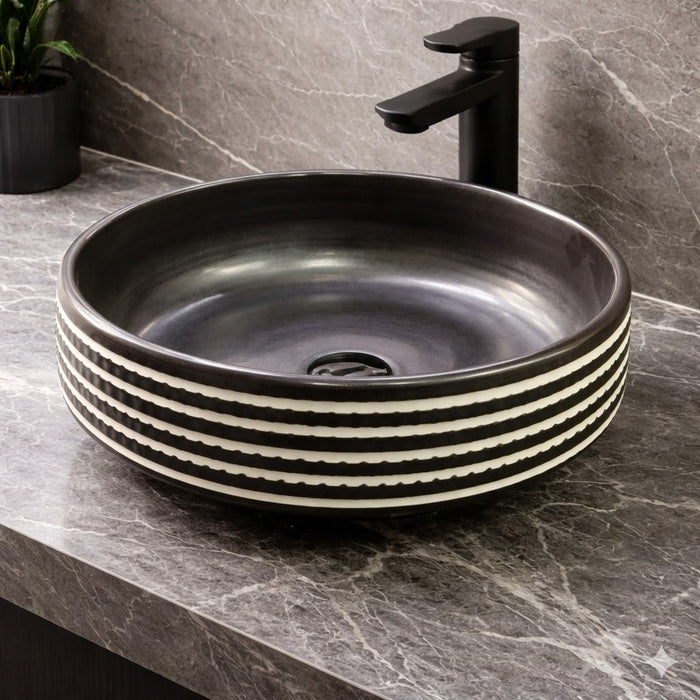 BASSINO Zebra Artisan Circular Ceramic Vessel Sink (16 x 16 x 6 Inches)