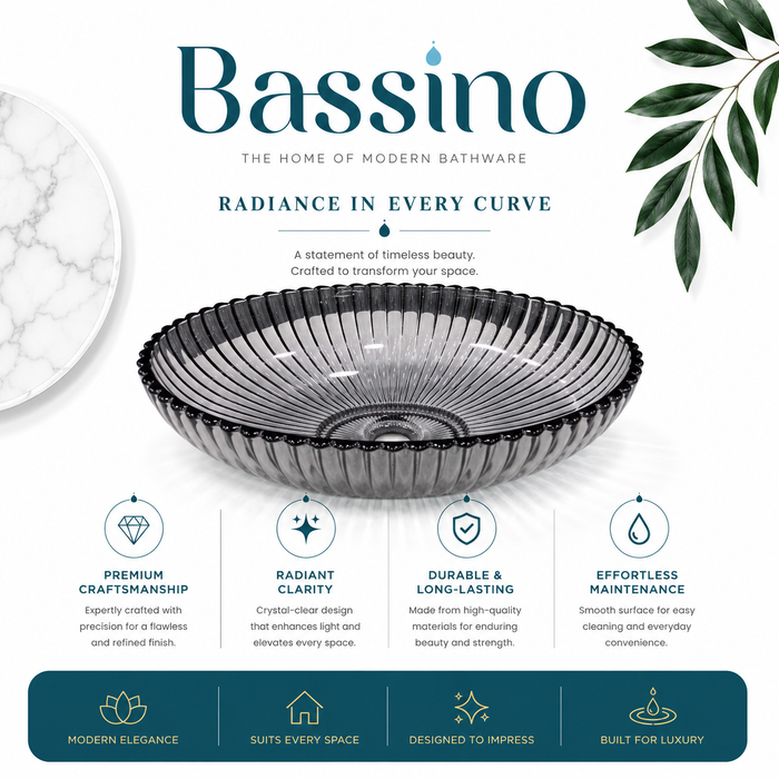 Bassino 20" Luxury Crystal Fluted Glass Countertop Wash Basin – Premium Smoky Black Oval Designer Vessel Sink (20.1" x 13.8" x 5.9")