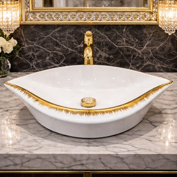 Bassino Luxury Designer Curve Countertop Wash Basin (20" x 16" x 5.5") – Ceramic Sink with Handcrafted Gold Rim Finish