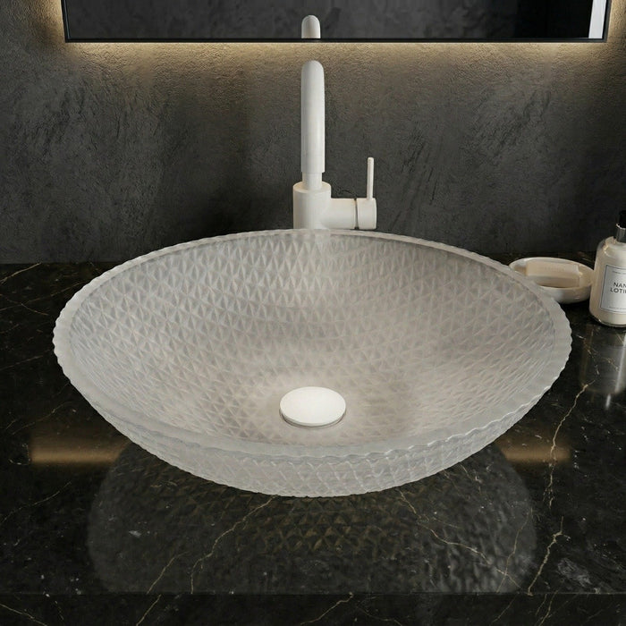 Bassino Frosted Glass Oval Countertop Wash Basin – Textured Vessel Sink (20" x 15" x 6")
