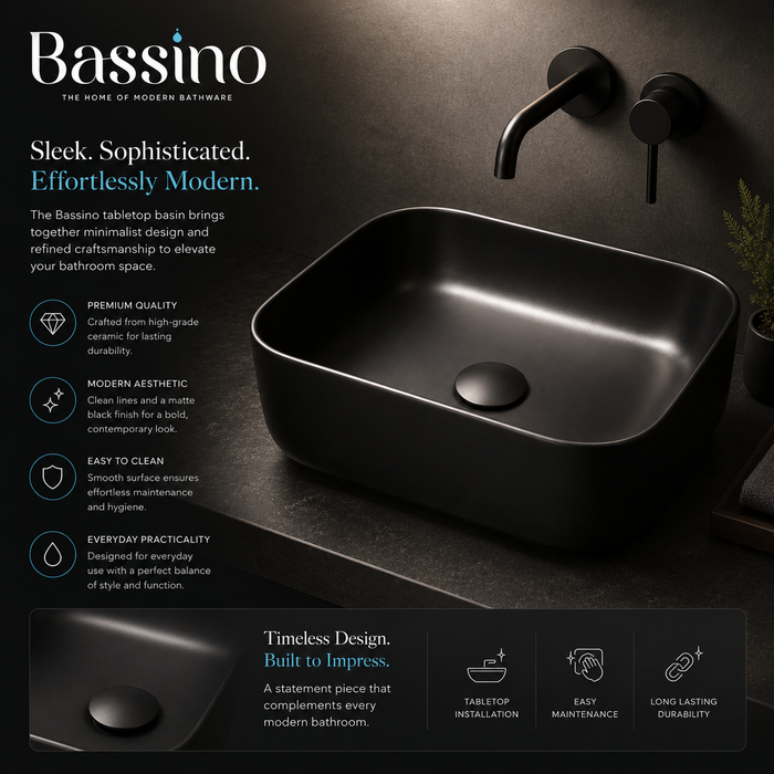 Bassino Matte Black Countertop Wash Basin – Modern Rectangular Ceramic Vessel Sink (16.5" x 12.6" x 5.5")