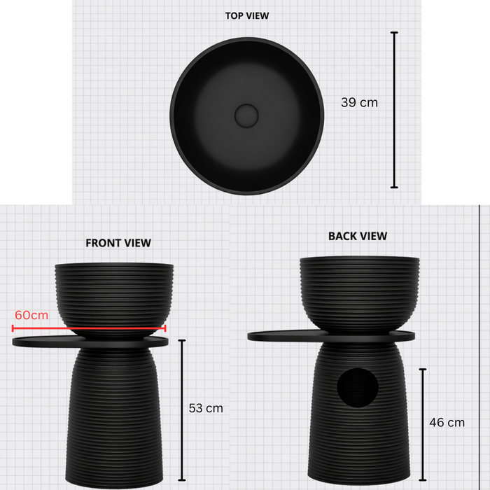 Luxury Pedestal Wash Basin with Side Shelf | Artificial Stone Freestanding Basin - 24″ × 16″ × 34″ In Black