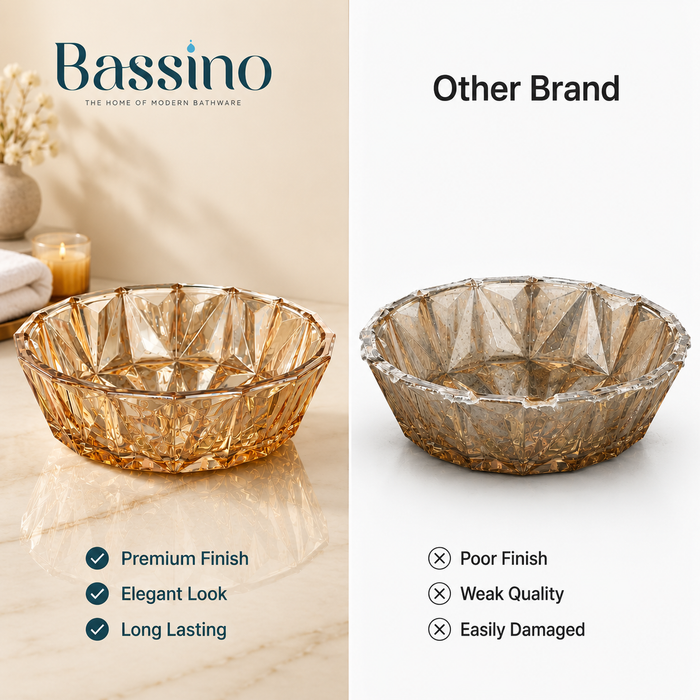 Bassino 16" Luxury Crystal Cut Glass Countertop Wash Basin – Premium Amber Gold Designer Vessel Sink (15.9" x 15.9" x 5.1")
