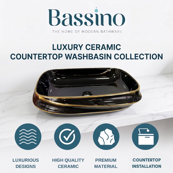 Bassino 25" x 18" Luxury Countertop Wash Basin – Premium Black & Gold Rectangular Ceramic Vessel Sink (24.6" x 17.7" x 5.9")