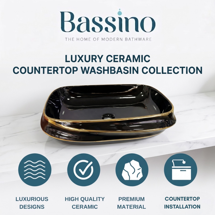 Bassino 25" x 18" Luxury Countertop Wash Basin – Premium Black & Gold Rectangular Ceramic Vessel Sink (24.6" x 17.7" x 5.9")