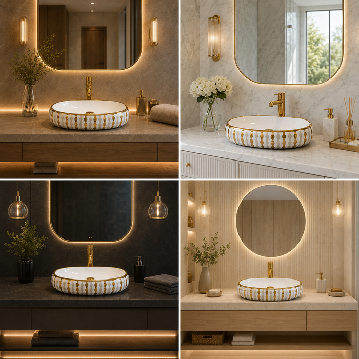 Bassino Oval Designer Countertop Wash Basin – Luxury White & Gold Ceramic Vessel Sink (23.6" x 15.7" x 5.9")