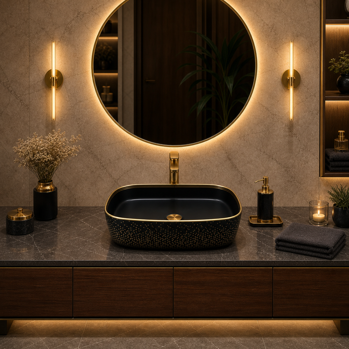 Bassino 20" x 15" Luxury Countertop Wash Basin – Premium Matte Black & Gold Rectangular Ceramic Vessel Sink (19.7" x 14.6" x 5.3")