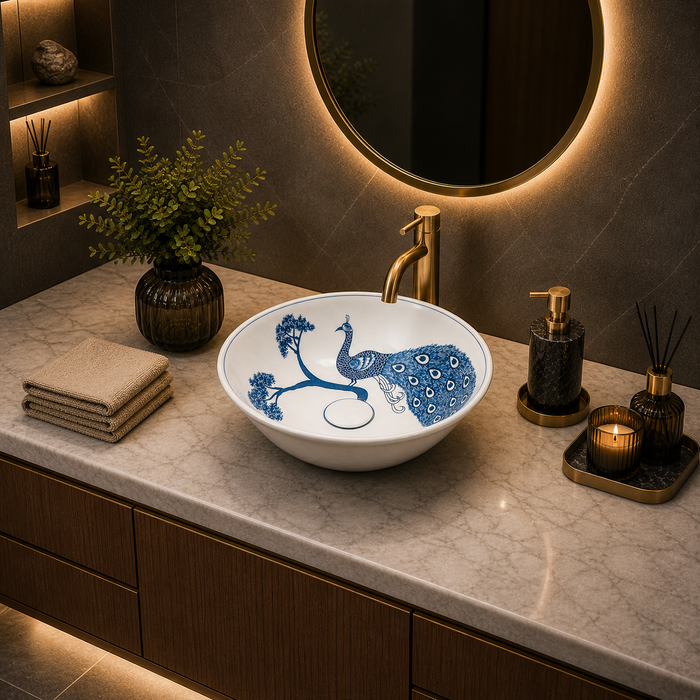 Bassino Peacock Design Round Countertop Wash Basin – Artistic Ceramic Vessel Sink (15.7" x 15.7" x 4.7")