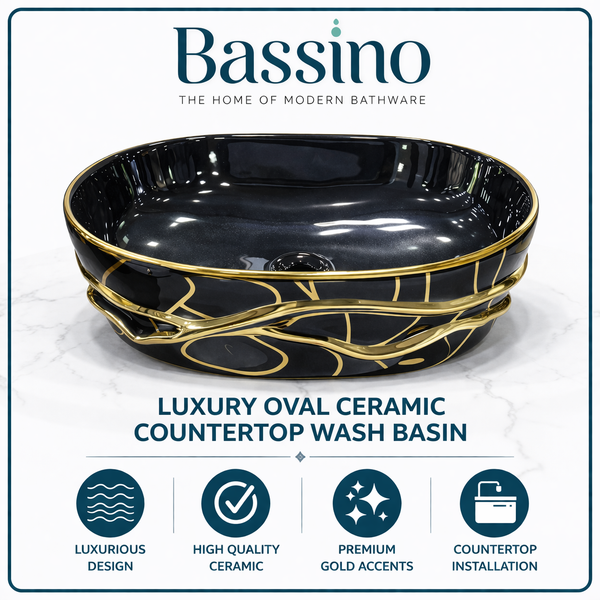 BASSINO Gilded Obsidian Abstract Vessel Sink (20 x 14 x 6 Inches)