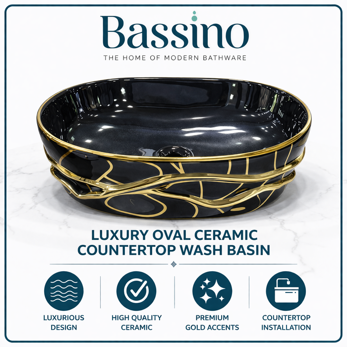 BASSINO Gilded Obsidian Abstract Vessel Sink (20 x 14 x 6 Inches)