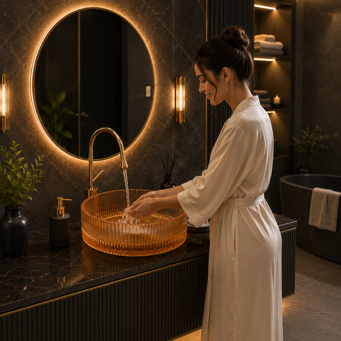 Bassino 16" Luxury Ribbed Glass Countertop Wash Basin – Premium Amber Gold Round Designer Vessel Sink (15.7" x 15.7" x 4.7")