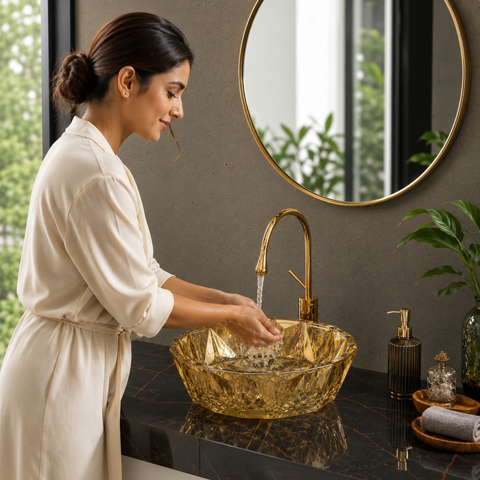 Bassino 16" Luxury Crystal Cut Countertop Wash Basin – Premium Golden Glass Designer Vessel Sink (15.9" x 15.9" x 5.1")