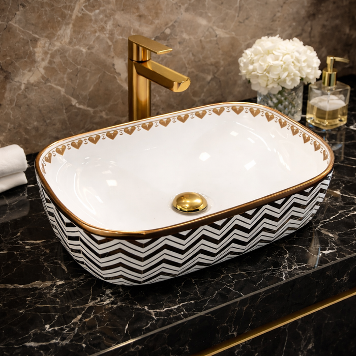 BASSINO Chevron Heart Gilded Ceramic Vessel Sink (18 x 13 x 6 Inches)