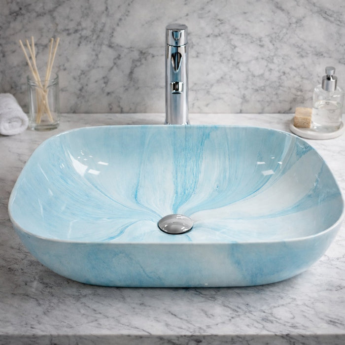 Bassino Blue Marble Finish Ceramic Countertop Wash Basin | Designer Table Top Sink, 18 x 13 x 6 Inch