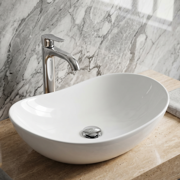 Bassino Modern Asymmetrical Oval Countertop Wash Basin (21" x 12" x 5") – Premium Ceramic Designer Vanity Sink