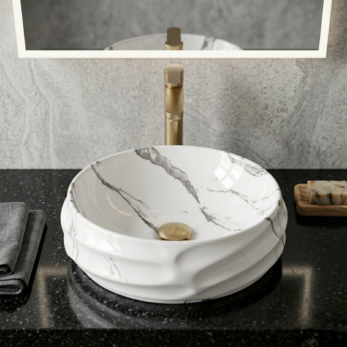 Bassino Round Marble Texture Countertop Wash Basin – Premium Ceramic Vessel Sink (17.9" x 15" x 6.7")
