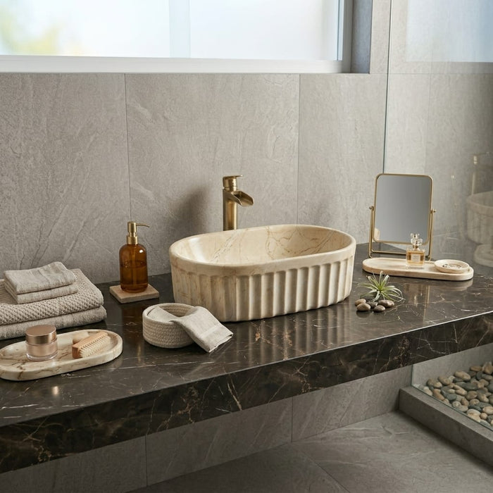 Designer Table-Top Basin | Gloss Marble Ceramic Basin | 22x14.2x6 inch | Beige Marble