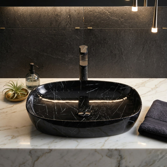 Bassino Oval Black Marble Countertop Wash Basin – Premium Ceramic Vessel Sink (23.6" x 15" x 5.5")